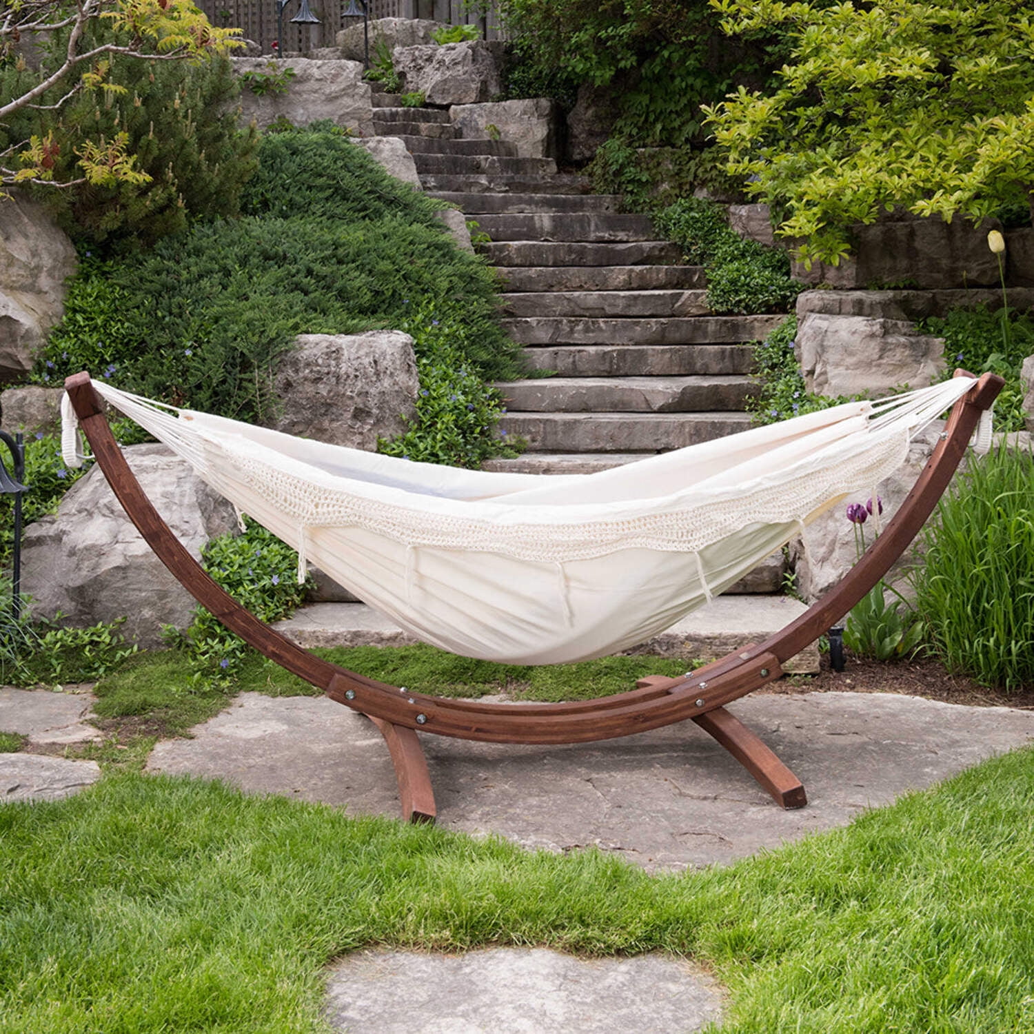 Vivere Double Cotton Hammock, Comfortable Daybed with Wood Frame, 8', Natural