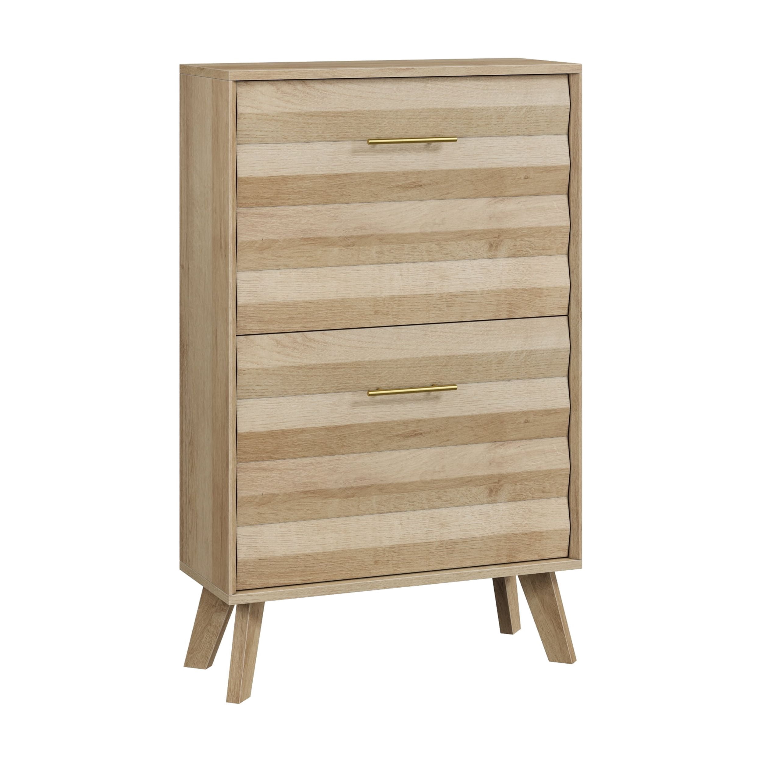 23.6 Inch Oak Slim Flip-Top Shoe Cabinet, Mid-Century Freestanding Narrow Entryway Shoe Rack with Gold Handles & Slanted Wood Legs, Large Capacity Double Tilt-Out Shoe Storage Organizer