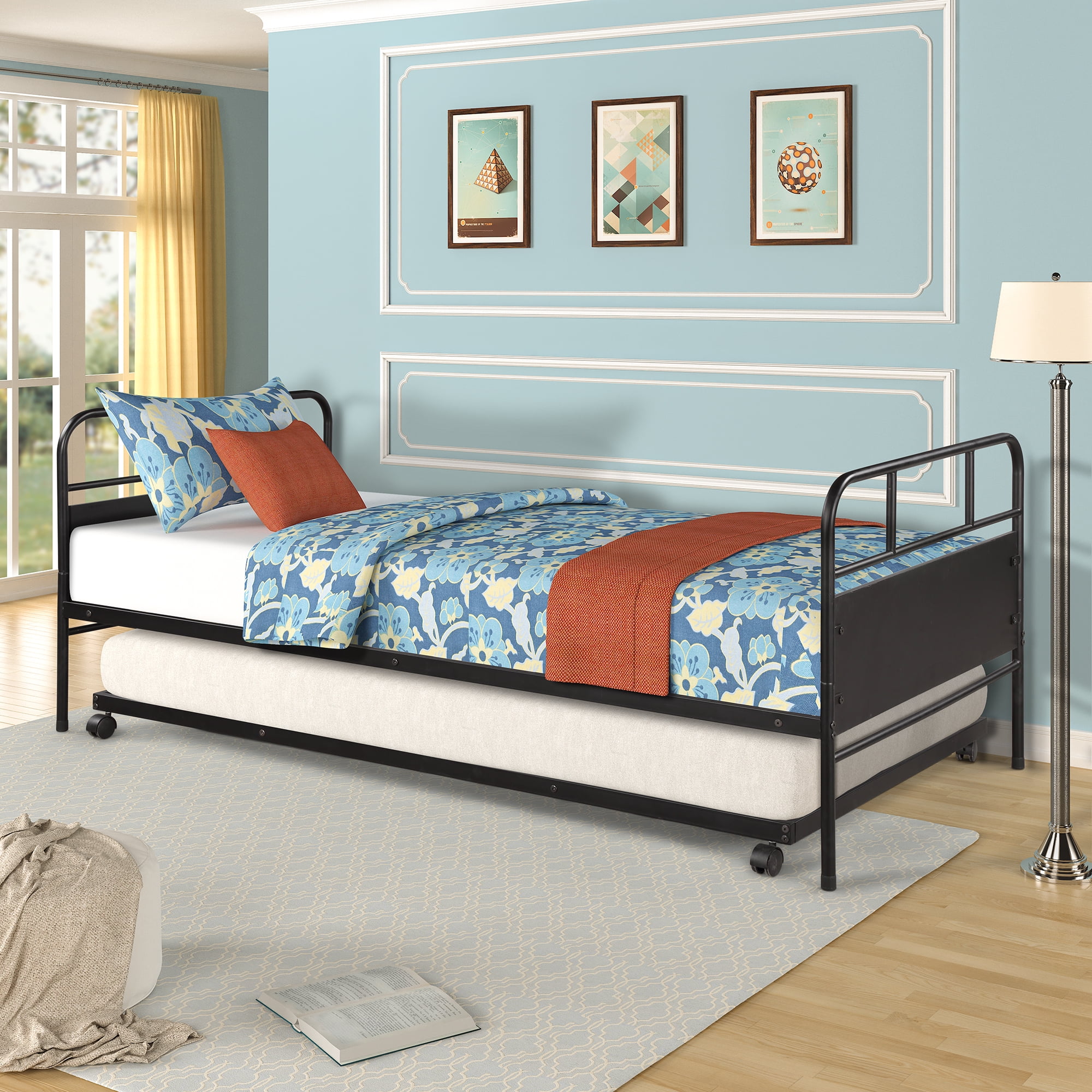 Merax Twin Metal Bed with Trundle Frame set, Black 