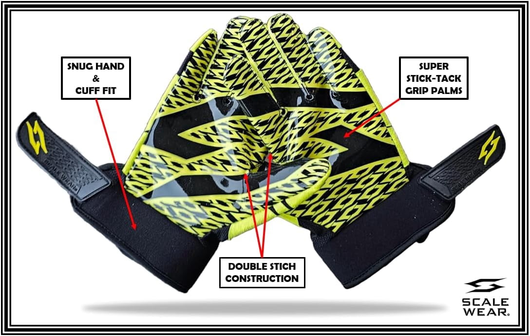 Scale Wear Black Stealth Padded Football Receiver Lineman Gloves Grip Silicone Palms Adult Mens Youth Sticky Boost Your Game Yellow