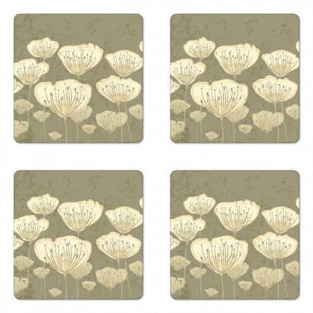 

Floral Coaster Set of 4 Pastel Beige Toned Flower Blooms Floret Buds Essence Nature Themed Illustration Square Hardboard Gloss Coasters Standard Size Taupe by Ambesonne
