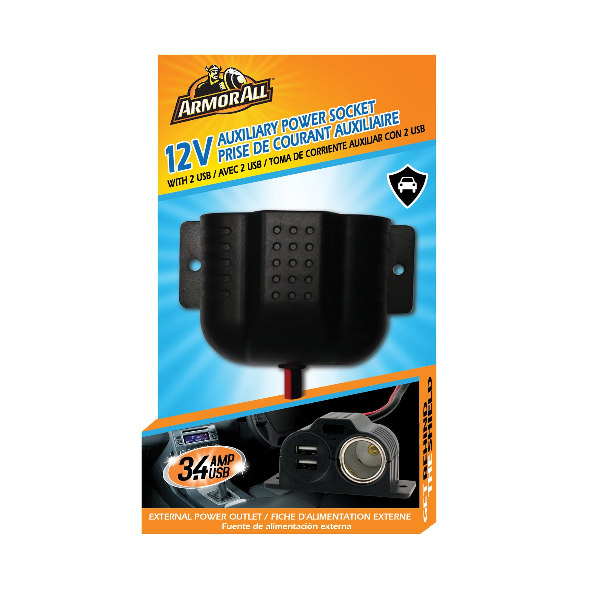 Armor All 12 Volt Auxiliary Power Socket w/ Two USB Ports, LED Light Indicator, Bluetooth Connector, GPS Connector Port, Smartphone Connector Port, Car Power Accessory