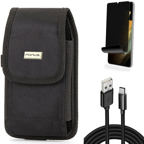 Case Belt Clip & Privacy Screen Protector & 10ft USB Cable for Samsung Galaxy S22 Plus (S22 ) - Combo Rugged Holster & TPU Film (Fingerprint) Anti-Peep & Type-C Charger Cord Power