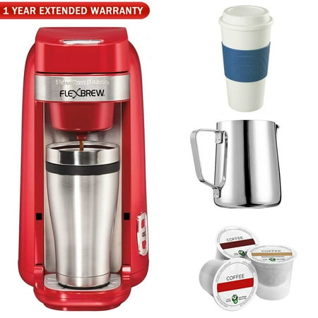 Go Thermal Coffee Pot - Hamilton Beach Single-Serve Coffee Maker, FlexBrew - Red (49960) w/Warranty Bundle Includes, 16oz. To Go Mug, 12 oz. Milk Frothing Pitcher, Coffee Bar K Cup 3 Capsules & 1 Year Extended Warranty