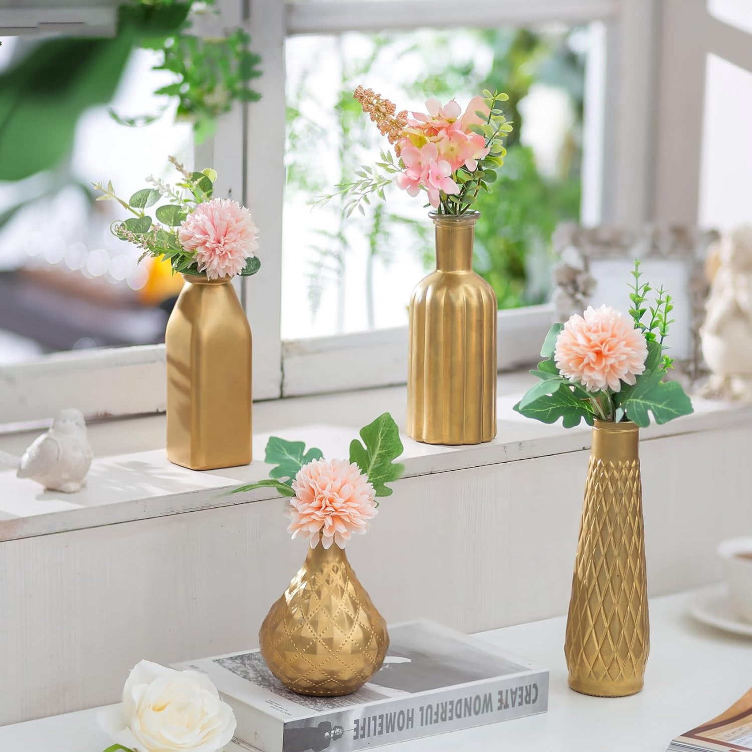 Nuptio, Gold Bud Vases, Small Glass Flower Vases for Flowers, Set of 4