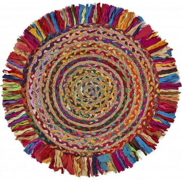 Multicolored Chindi and Natural Jute Fringed Round Rug
