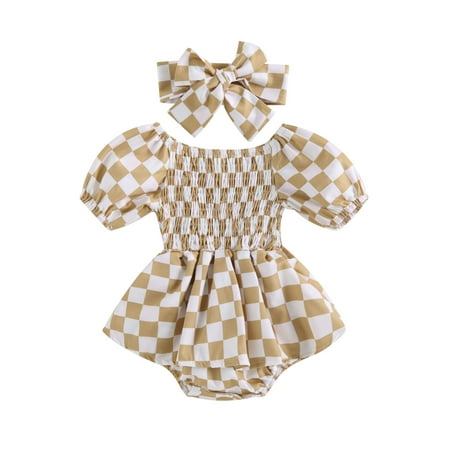 

Baby Girls Romper Dress Set 3 6 12 18M Checkerboard Print Summer Ruched Short Sleeve Jumpsuits and Elastic Headband