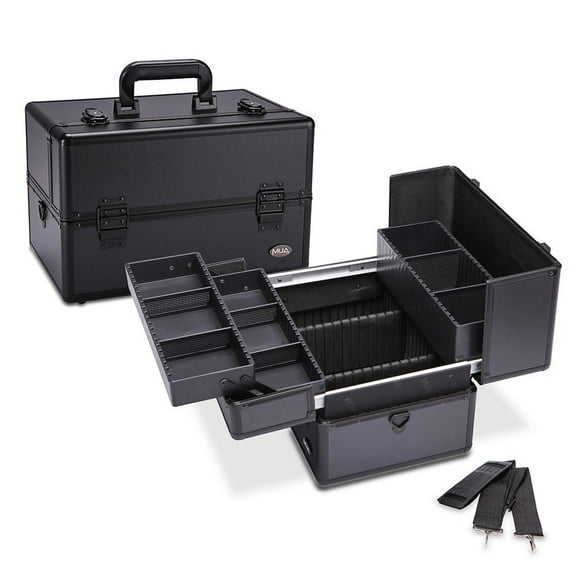 Makeup Train Case 14.5" Professional Cosmetic Organizer Box with Removable/Adjustable Dividers (Black)