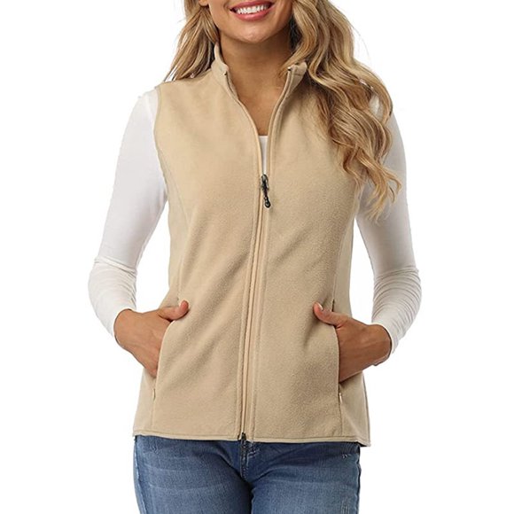 LUXUR Ladies Jacket Vest Sleeveless Coat Zip-Up Waistcoat Casual Outwear Polar Fleece Apricot L