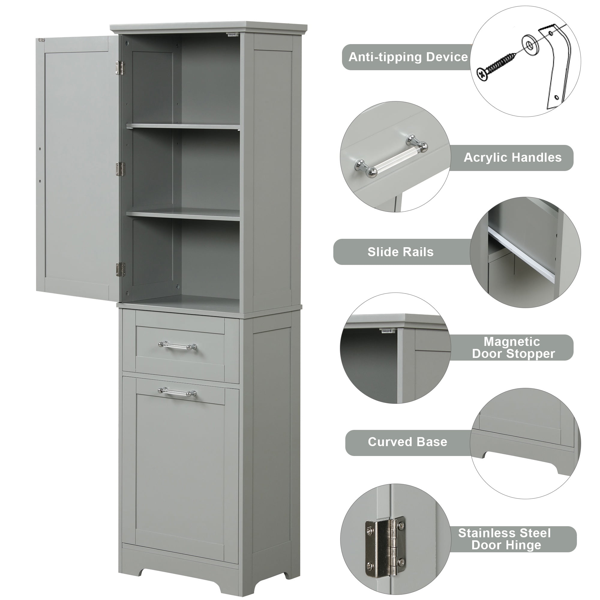 Bellemave 68.1”H Tall Bathroom Storage Cabinet Freestanding Storage Cabinet with 2 Different Size Drawers and 1 Door Wooden Floor Cabinet with Adjustable Shelves for Home, Kitchen, Gray