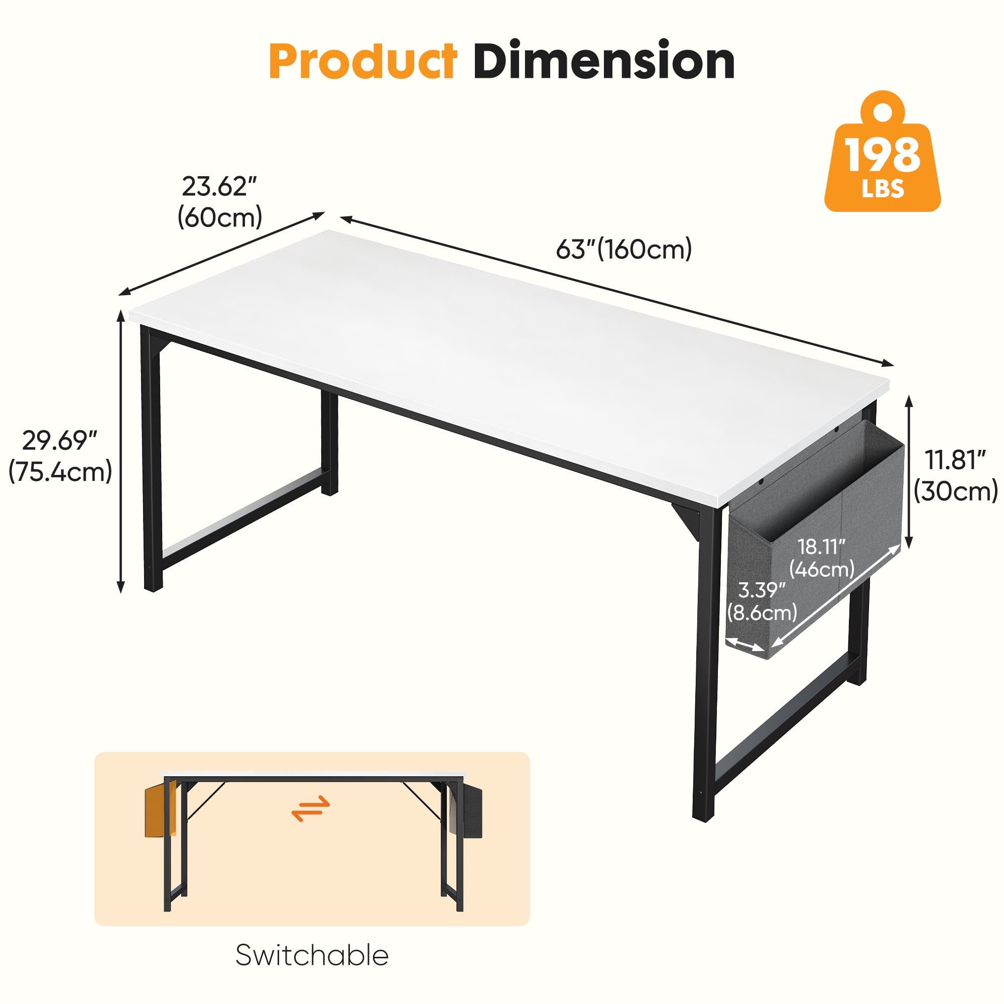 CONCETTA 63 Inch Computer Writing Desk with Storage Bag, Steel Frame for Home Office Study, White