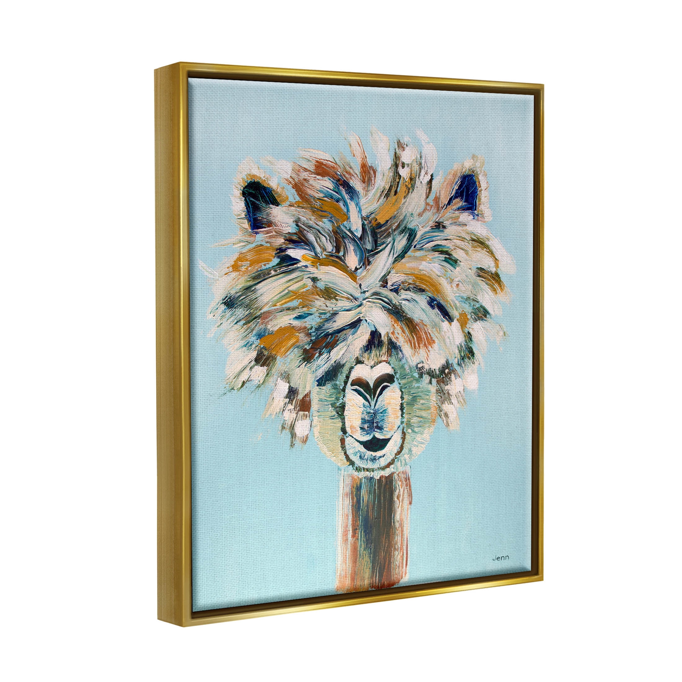 Fluffy Alpaca Happy Animal Animals & Insects Painting Metallic Gold Framed Art Print Wall Art