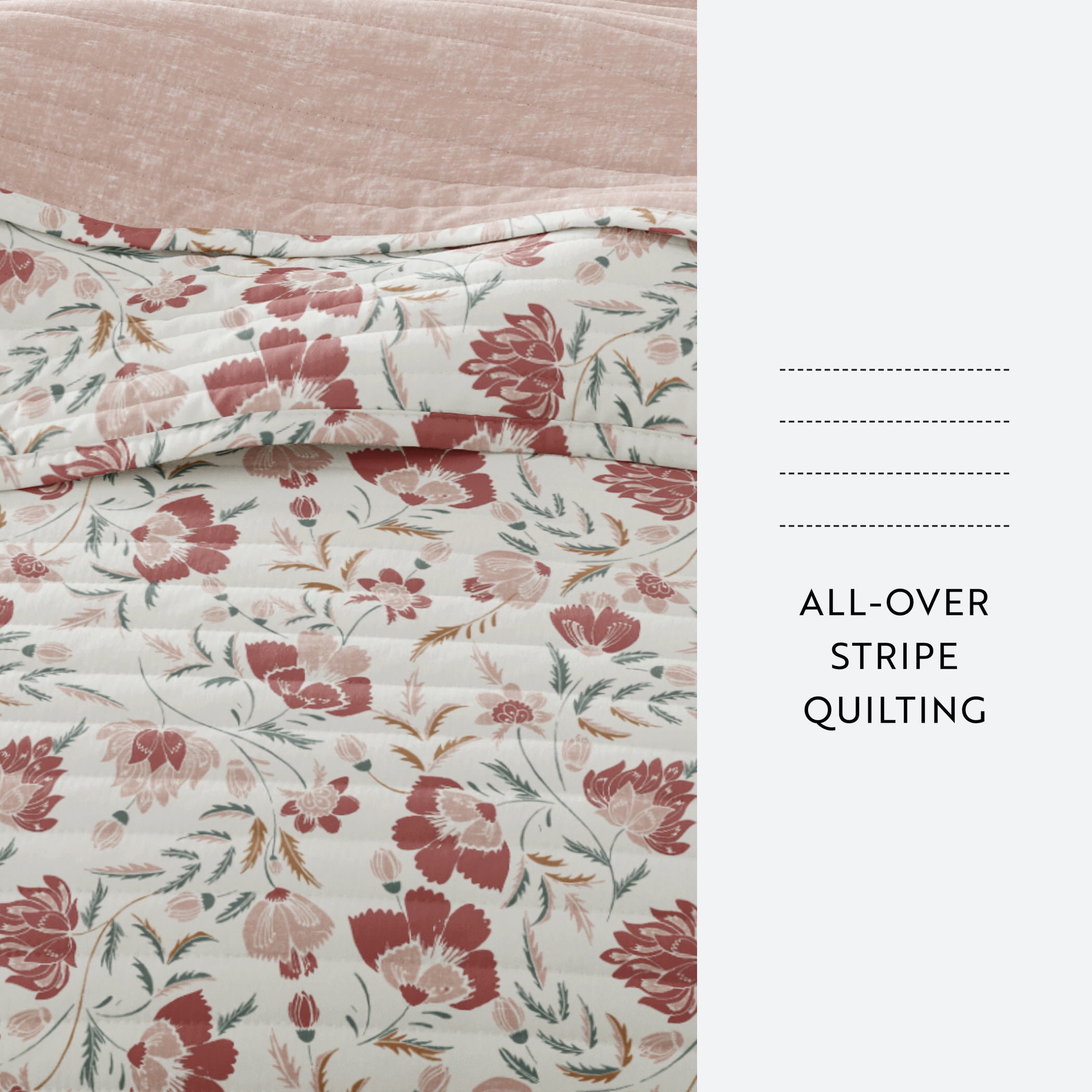 Noble Linens 3-Piece Rose French Jacobean Reversible Quilt Set, Queen