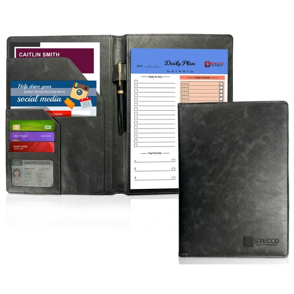 STECCO Black Leather Professional Notebook Portfolio with Notepad for Writing and Interviews