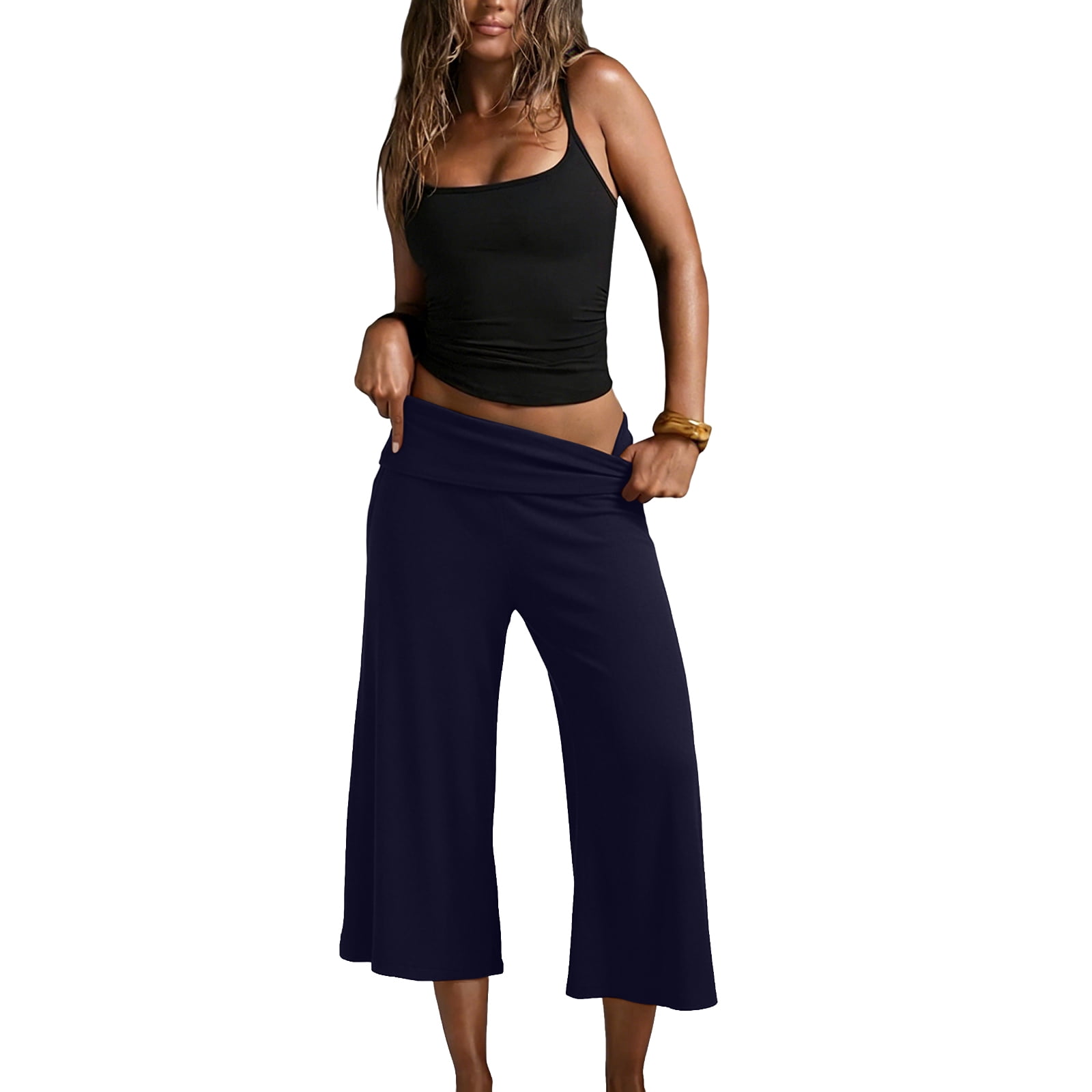 Inglocry Women Fold Over Gaucho Pants Wide Leg Low Rise Flowy Capri Pants Yoga Lounge Cropped Flare Bottoms Culottes Summer Navy S