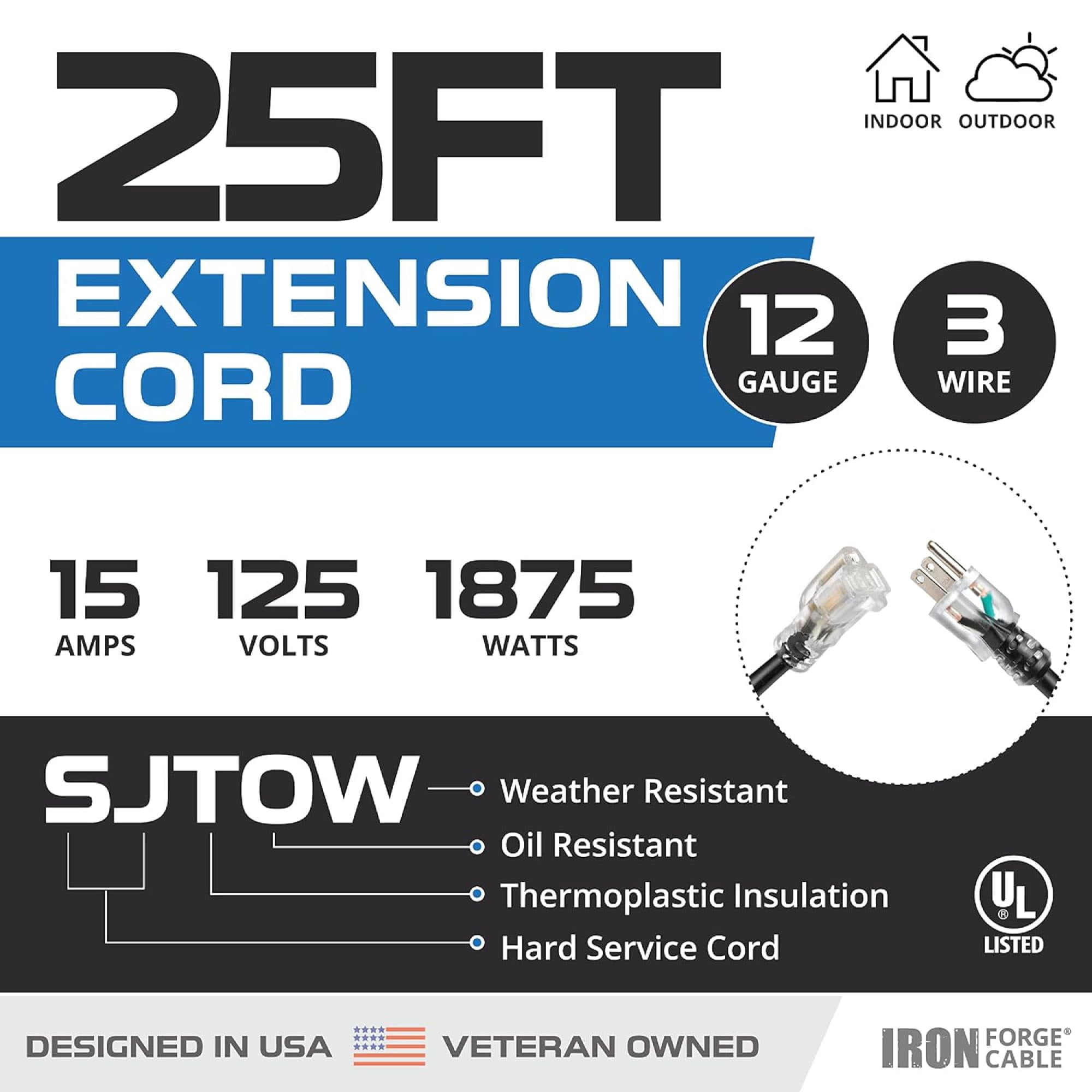 Iron Forge Cable 2 Pack 12 Gauge Outdoor Extension Cord 25 Ft, SJTOW 12/3 Heavy Duty Extension Cord 3 Prong - Oil Resistant & Flame Retardant