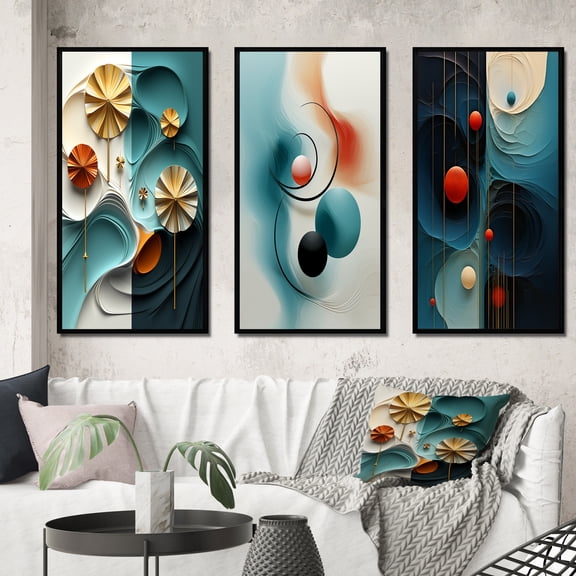 Designart "Circular Blue Desires Abstract Secrets IV" Modern Geometric Framed Wall Art Set Of 3 - Blue Abstract Frame Gallery Wall Set For Home Decor