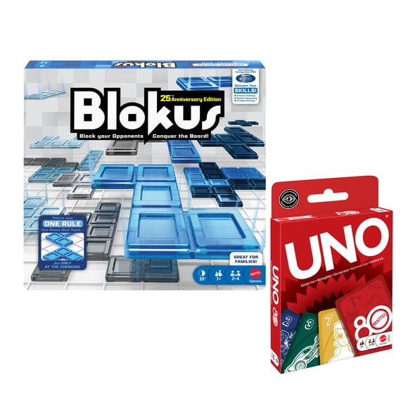 Ensemble Mattel Games – Jeu de cartes UNO Mattel 80e anniversaire et Jeu de société Blokus Édition 25e anniversaire avec règle unique