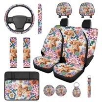 KUIFORTI Cow Flower Automobile Seat Covers Set of 14 with Car Headrest Protectors Auto Seat Belt Cover Car Steering Wheel Cover Auto Center Console Pad Fit for Most Cars