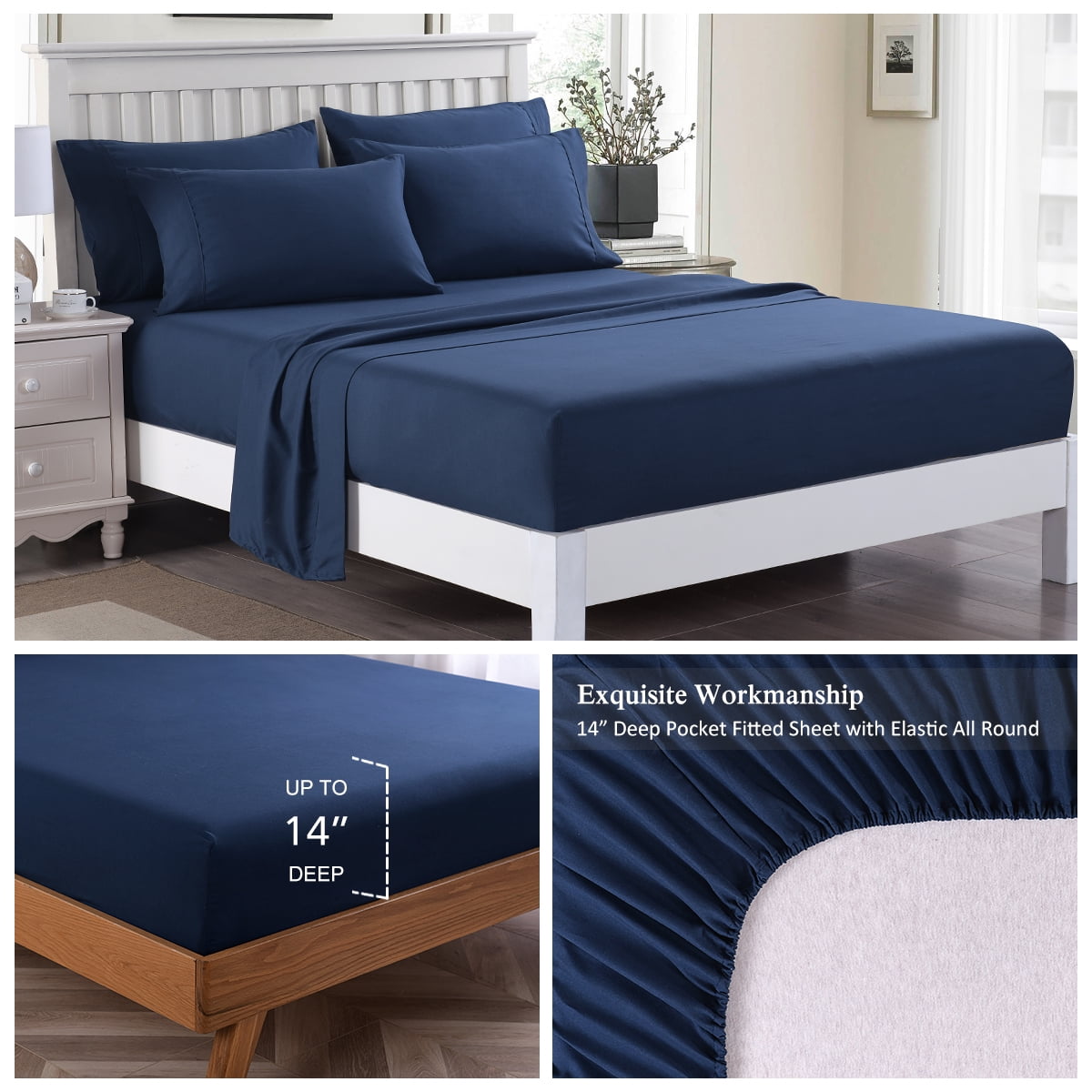 JML Bedding Queen Bed Sheets Set - 6 Piece Bedding - Brushed Microfiber 100% Polyester - Shrinkage and Fade Resistant - Easy Care (Queen, Navy)
