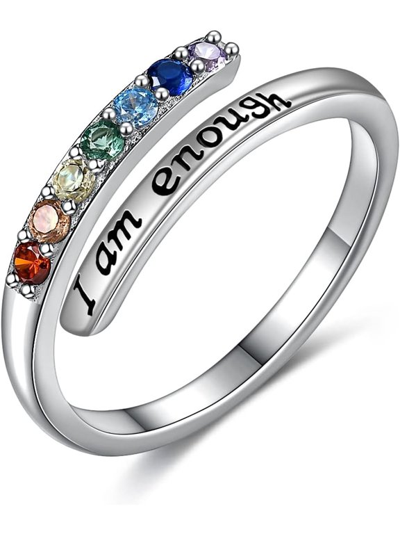 Size 7 Chakra Ring 925 Sterling Silver I Am Enough/I Can Do All Things Adjustable Ring Seven Chakra Open Ring Healing Yoga Jewelry Gifts for Women
