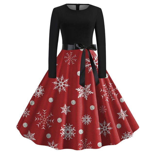 Robes Élégantes pour Femmes Col Rond Manches Longues Robe Imprimée Évasée pour Bal et Rassemblements Festifs
