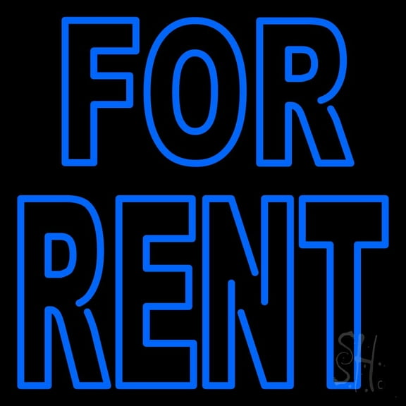 Double Stroke Blue For Rent LED Neon Sign 16 x 16 - inches, Black Square Cut Acrylic Backing, with Dimmer - Bright and Premium built indoor LED Neon Sign for office, and stroefront
