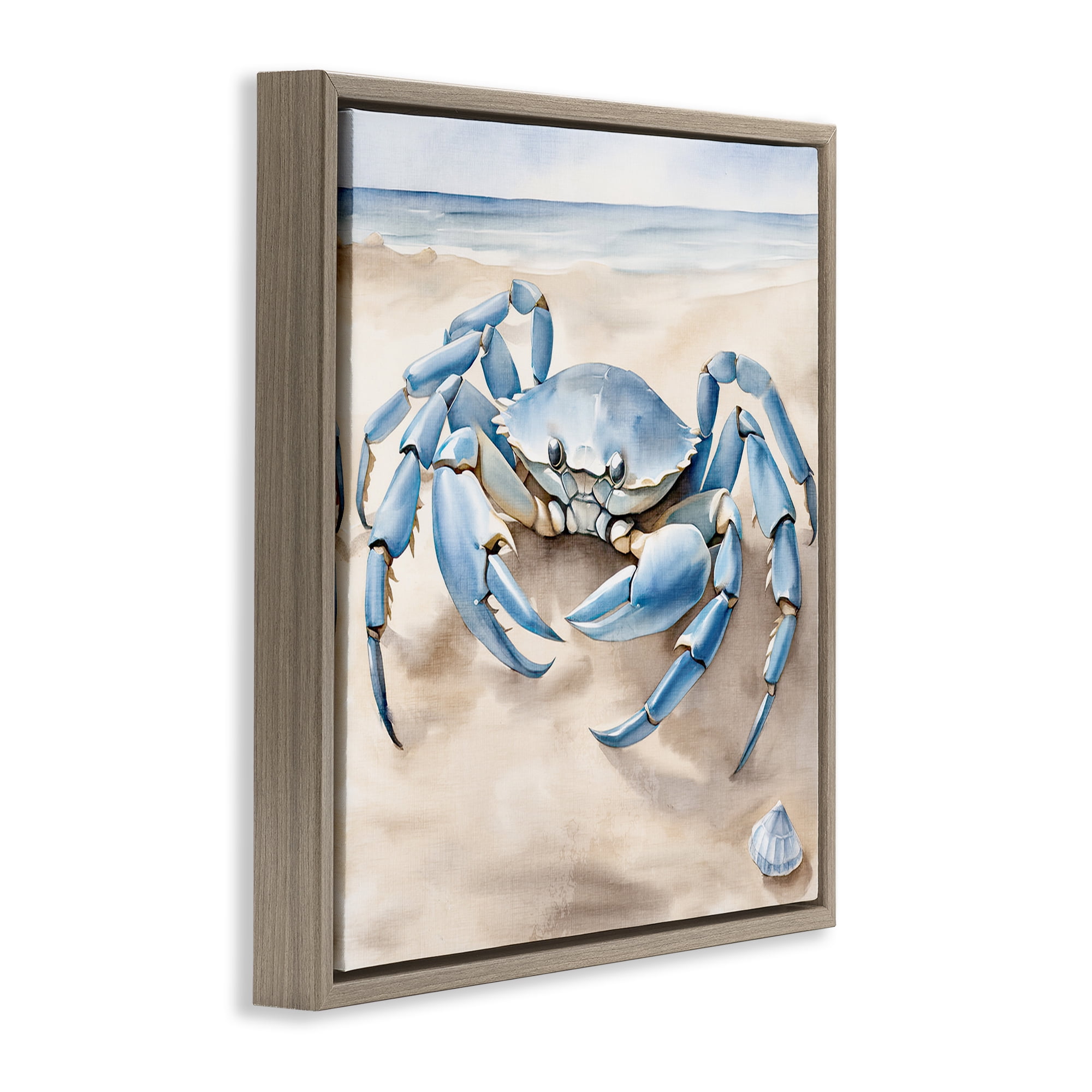 Stupell Industries Blue Crab on Beach Animals & Insects Painting Brown Floater Framed Canvas Art Print Wall Art, 25 x 25