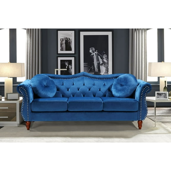 Uspridefurniture Wymore 79.5'' Velvet Rolled Arm Sofa,Blue