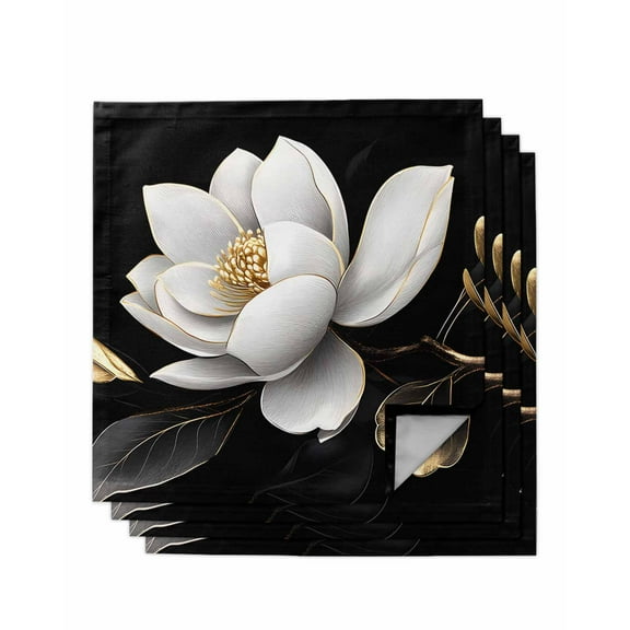 nqOlkjepod Gorgeous Flowers Cloth Napkins Set of 4 Reusable Dinner Napkins, White Gold Floral Botanicals Black Cocktail Napkin Washable Table Napkins for Wedding/Holiday Party/Baby Shower 20"x20"