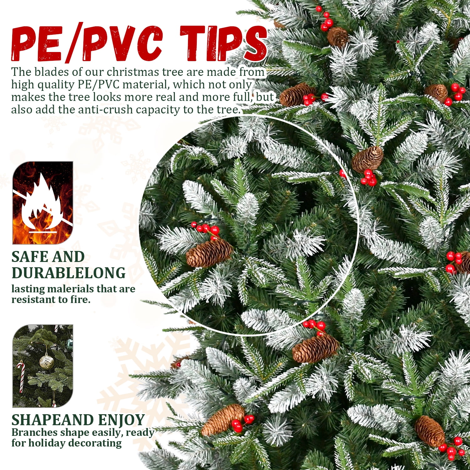 8 Ft Christmas Tree with 2850 Tips, Red Berries & Pine Cones, Snow-Dusted PE+PVC Branches, Hinged Design for Easy Setup, Sturdy Metal Stand, Full, Natural Holiday Tree Decoration