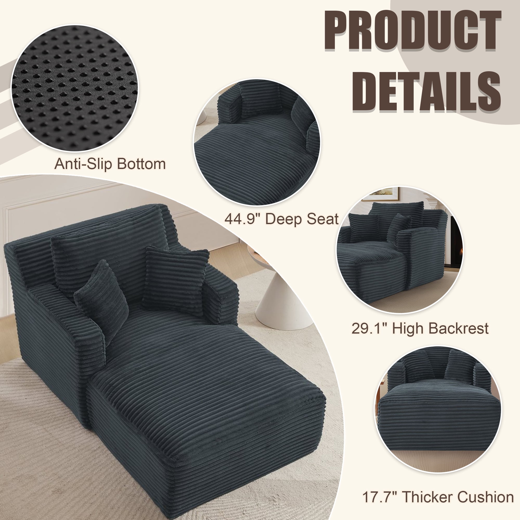 Kosynda 65"D Oversized Chaise Lounge Chair Indoor, Corduroy Upholstered Boneless Sofa Bed with 3 Pillows for Living Room, Gray
