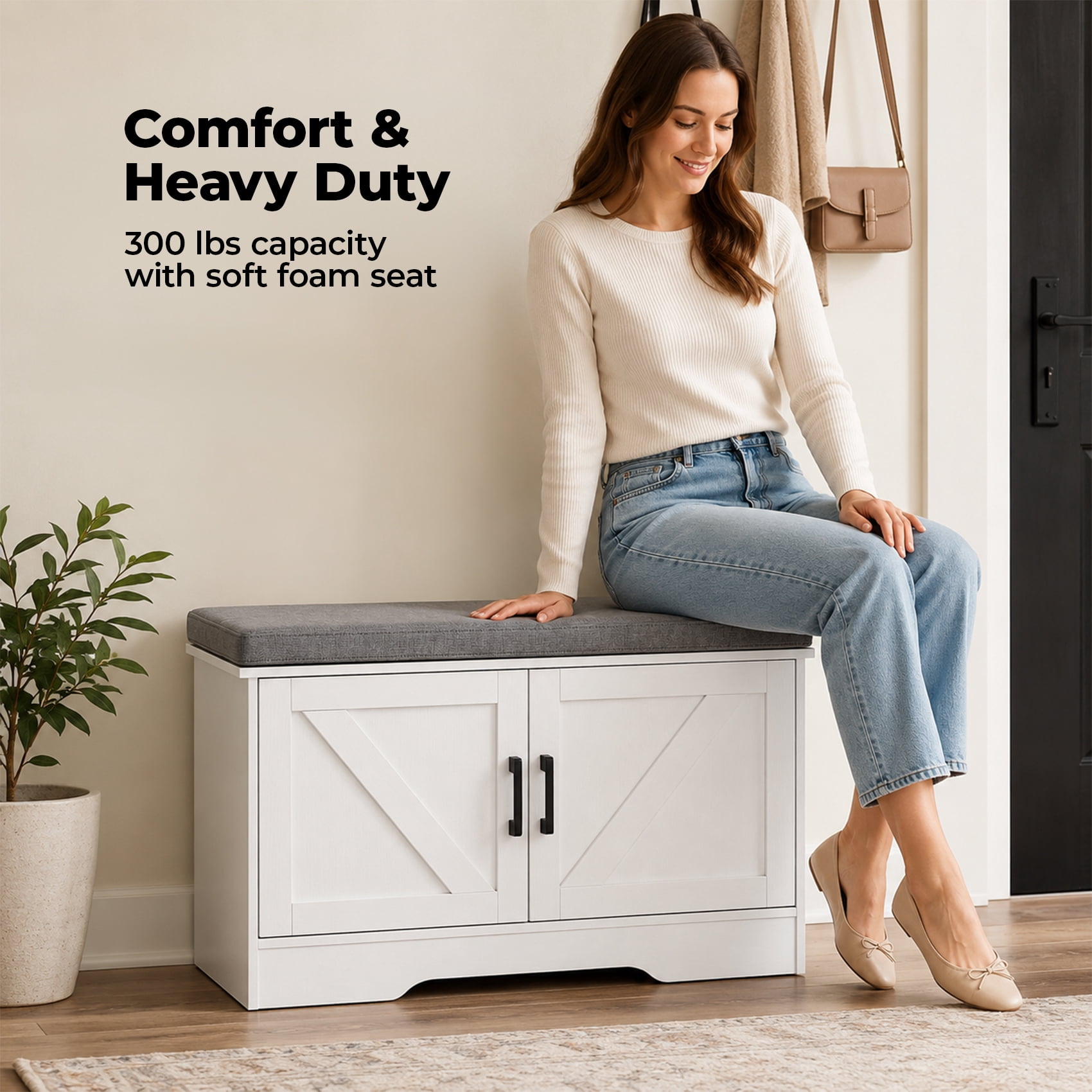 Alvantor 2-Tier Wooden Shoe Storage Cabinet Bench with Padded Seat and Adjustable Shelf for Entryway