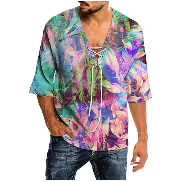 Camiseta de manga 3/4 con estampado de corbata de cáñamo de otoño con cuello en V para hombre Pompotops oipoqjl34218