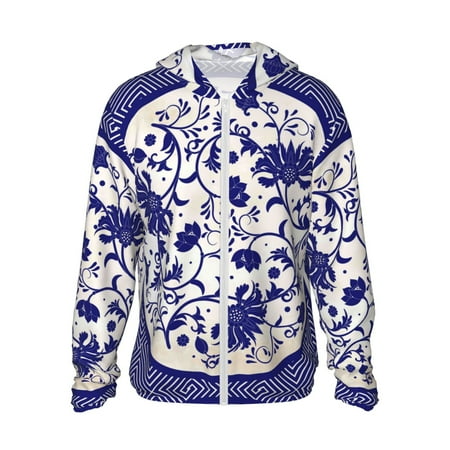 Sigee Blue And White Porcelain Pattern Print UPF50+ Men s Sun Protection Hoodie Shirt SPF UV Shirt Long Sleeve Fishing Outdoor Lightweight S-3XL