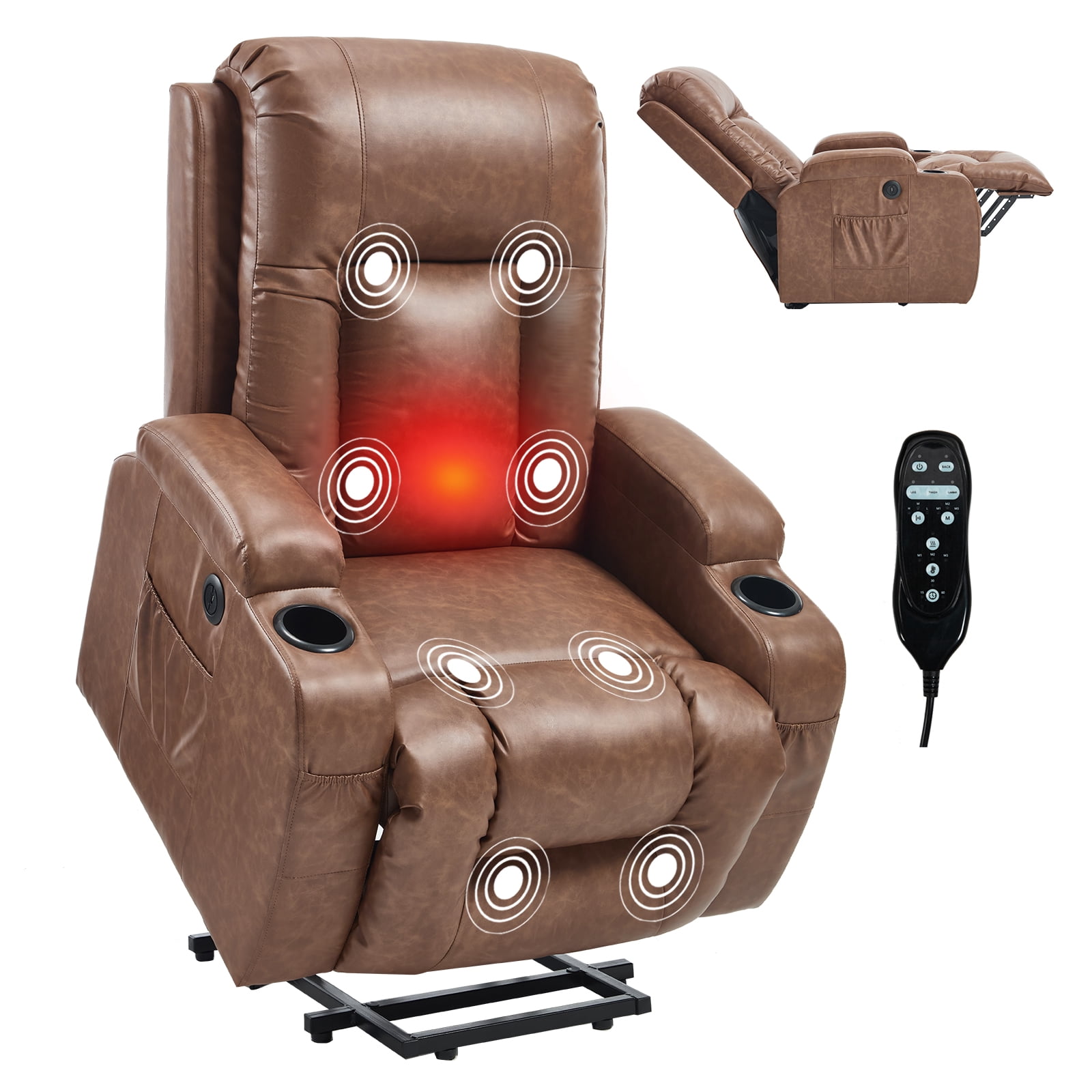 Power Lift Recliner Chair with Massage and Heat,Faux Leather Soft Chair with USB Charging&Cup Holders, Infinite Position Reclining,Heavy Duty 350 LBS Capacity