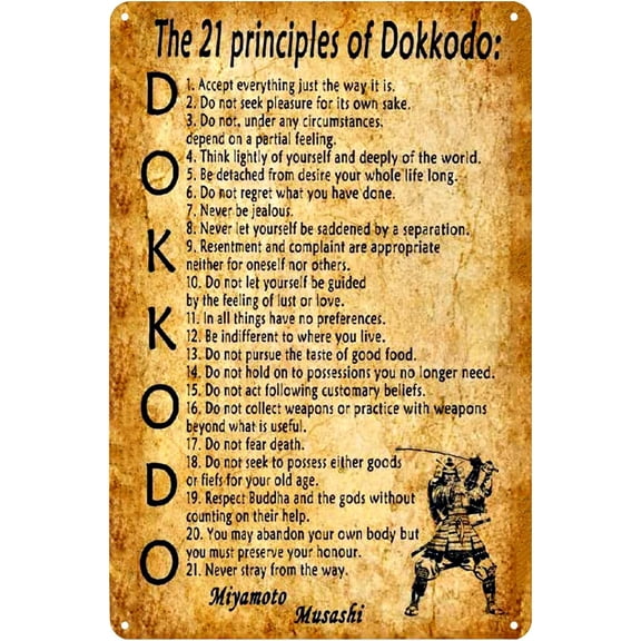 Vintage Metal Signs 21 Principles of Dokkodo Tin Sign Miyamoto Musashi Inspirational Motivational Quote Poster Wall Art Decor Plaque for Home Cafe Club Office Living Room Gift 8x12 inch