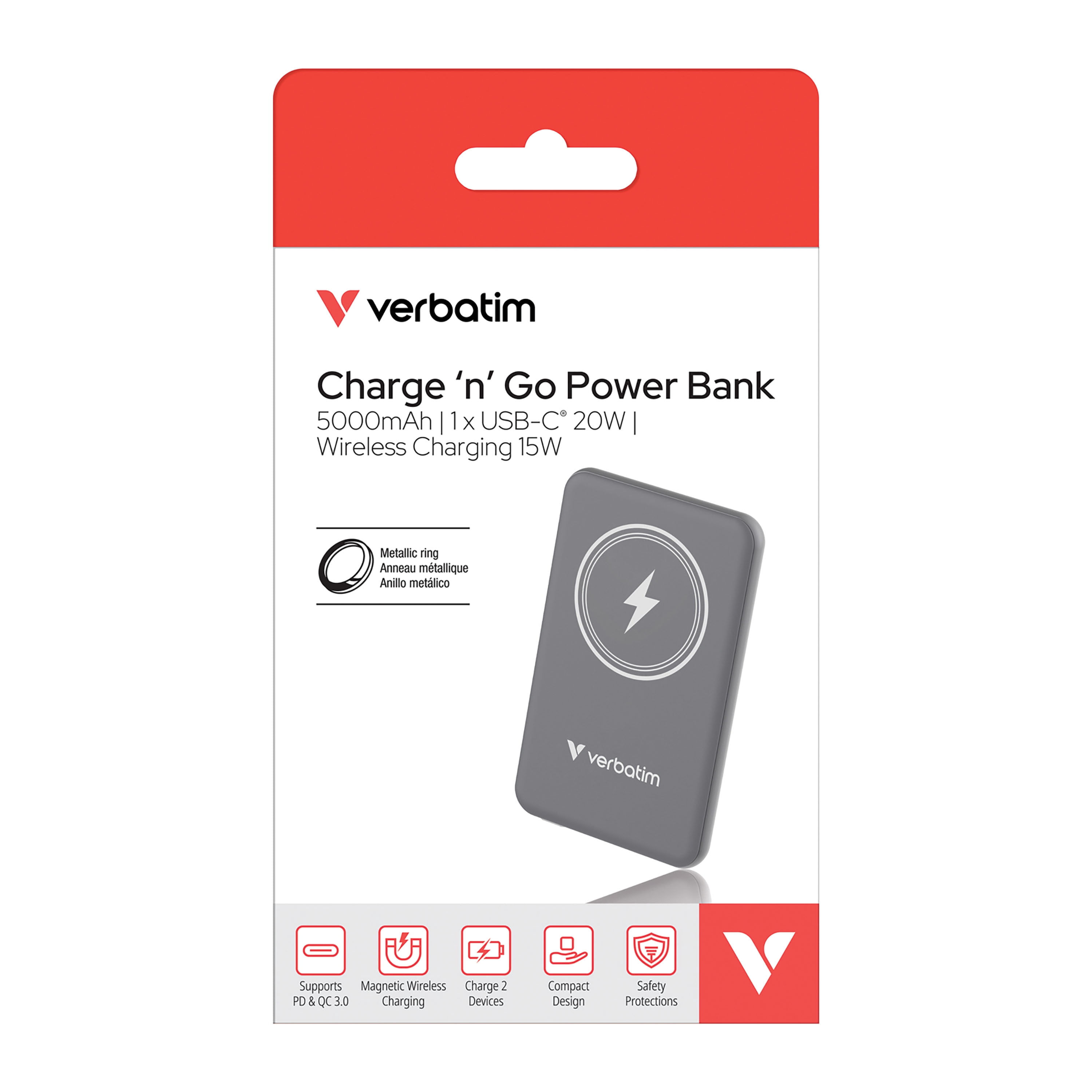 Verbatim Charge 'n' Go Magnetic Wireless Power Bank 5000 mAh - Gray