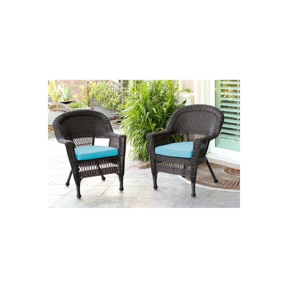 Jeco Espresso Wicker Chair With Sky Blue Cushion - Set of 2