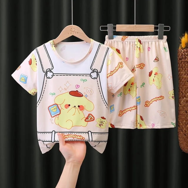 Conjunto de pijama fino Kawaii Sanrios Hello kittys Kuromi Cinnamoroll para niños, pantalones cortos de manga corta, ropa de casa, Verano