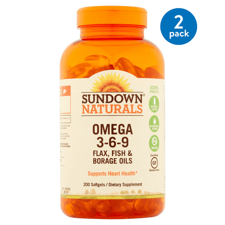 (2 pack) Sundown Naturals Omega-3-6-9, Flax, Fish & Borage Oils Softgels, 200