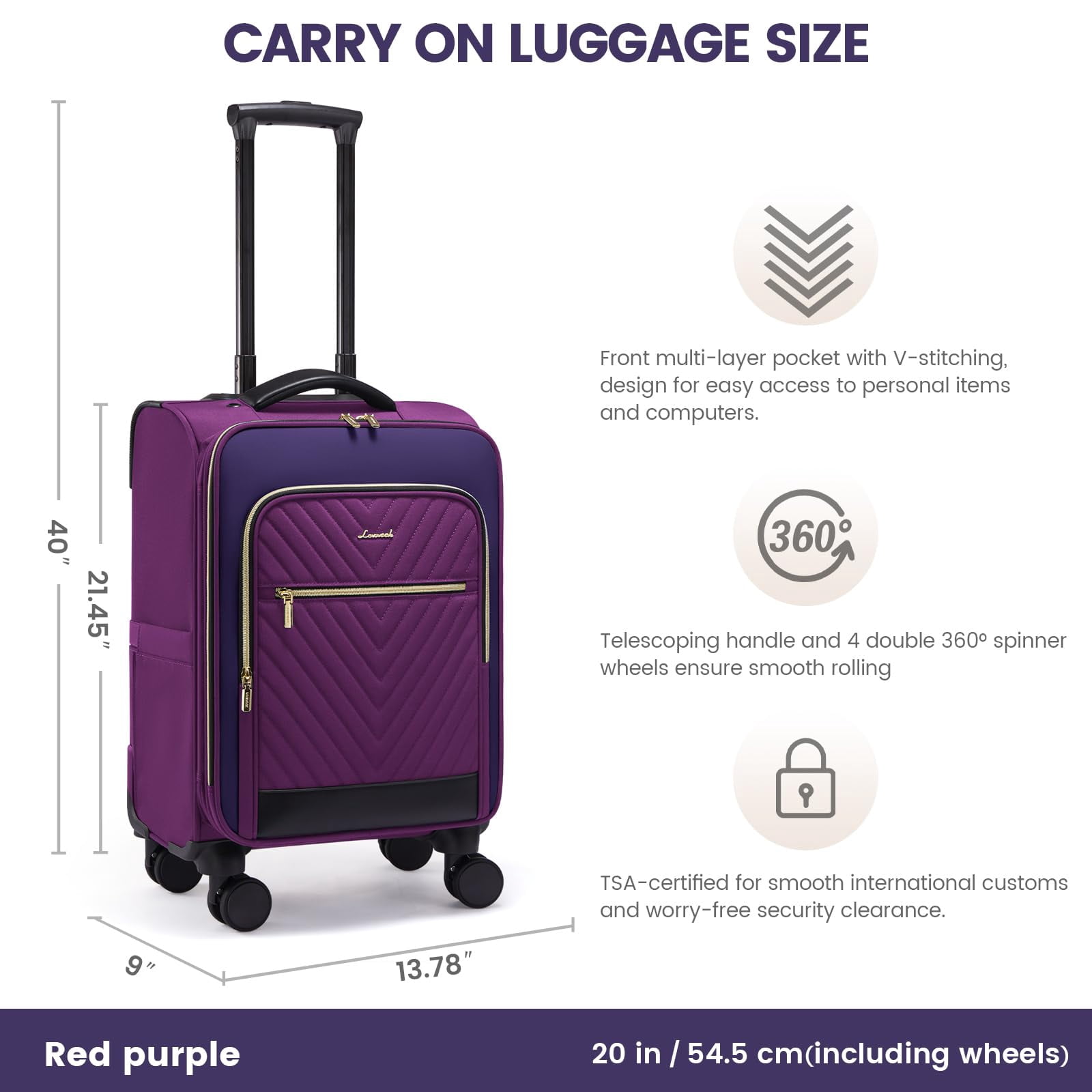 LOVEVOOK Carry On Luggage 22x14x9 Airline Approved,20 Inch Carry-on Suitcase for Women,Softside Suitcases with Wheels,Rolling Checked Luggage with TSA Lock,Lightweight Travel