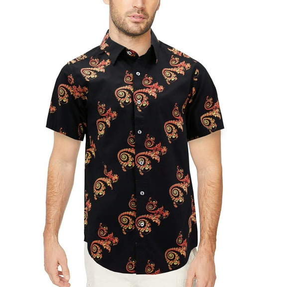 Men’s Cotton Short Sleeve Casual Button Down Floral Pattern Dress Shirt (#5 Black/Orange, L)