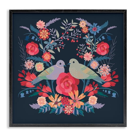 Stupell Industries Symmetrical Birds & Flowers Floral Painting Black Framed Art Print Wall Art, 12 x 12