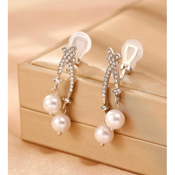 Clip on 1 3/4" silver clear stone stick earrings with white pearl earrings