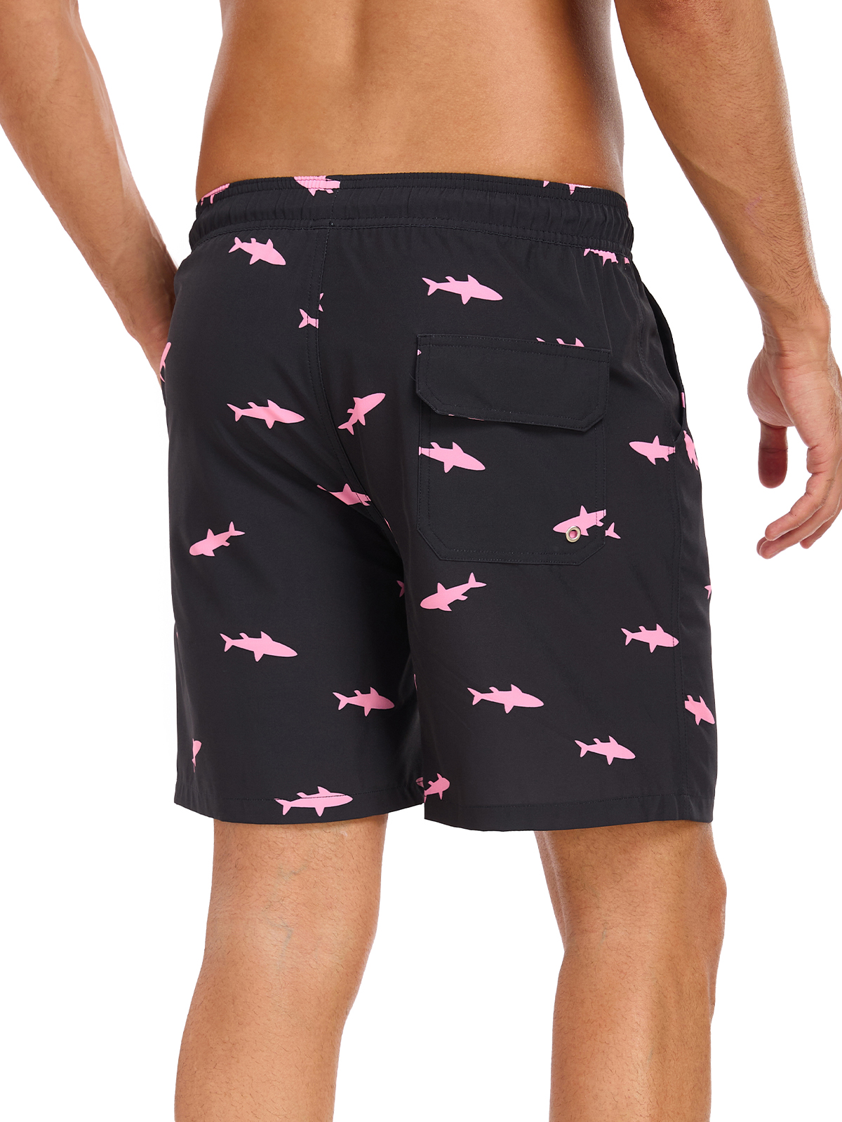 DAKIMOE Men's Swim Trunks with Compression Liner, Shark Print photo 7