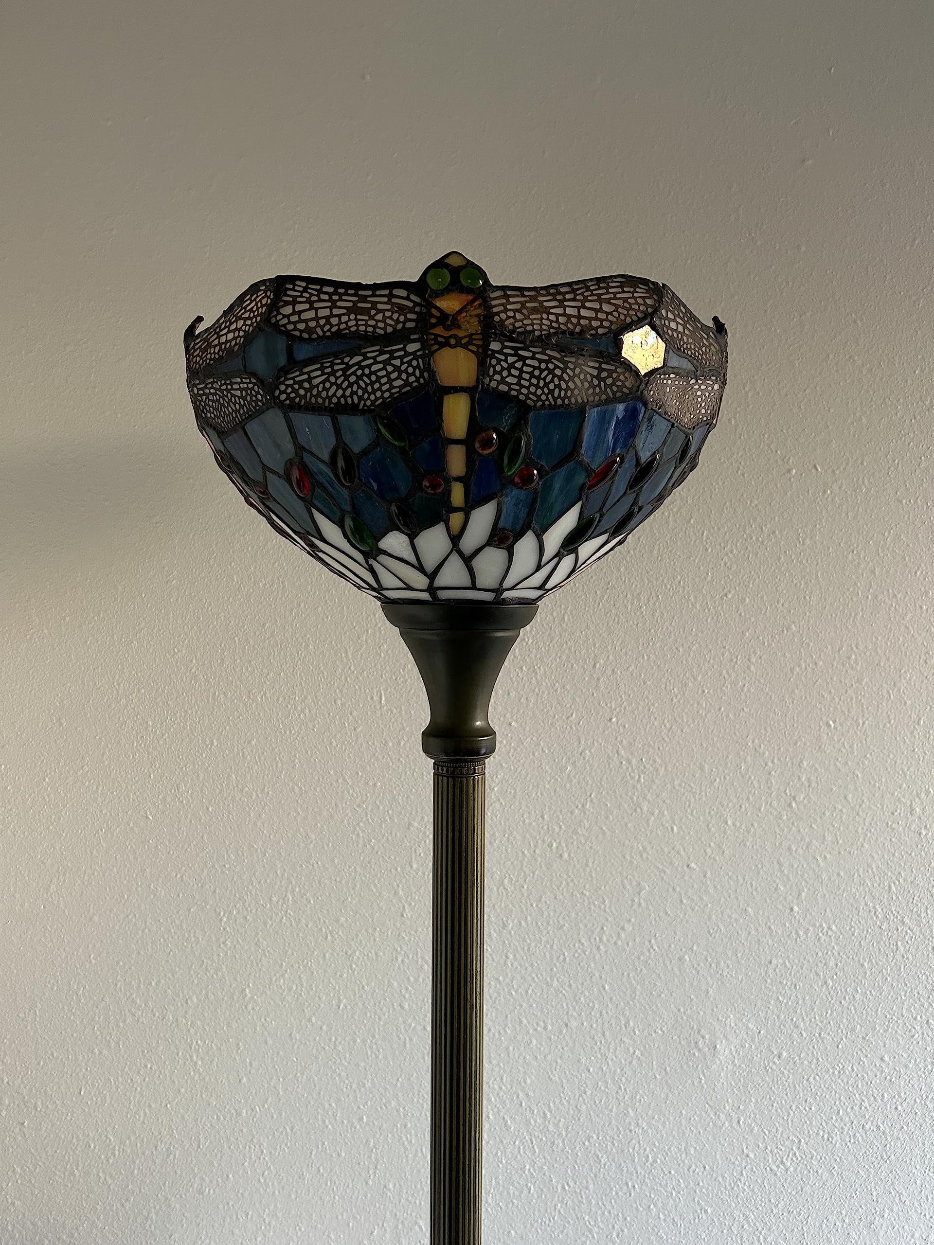 Tiffany Torch Floor Lamps Blue Stained Glass Dragonfly LED Bulb Included For Living Room Dining Room Bedroom 12"W*12"D*66"H