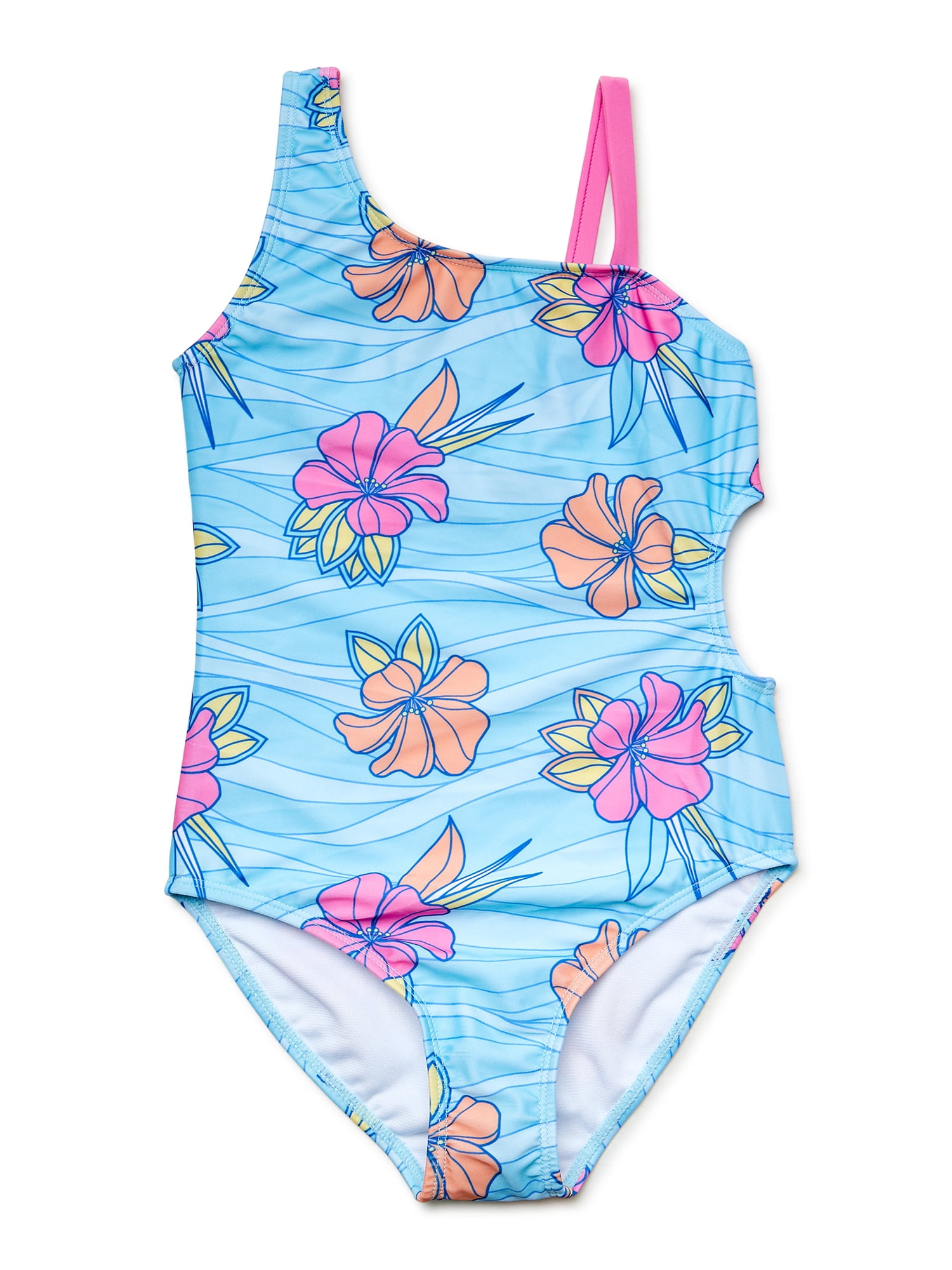 Wallflower Girls Floral Wave One Shoulder Swimsuit with UPF 50, Sizes 4 ...