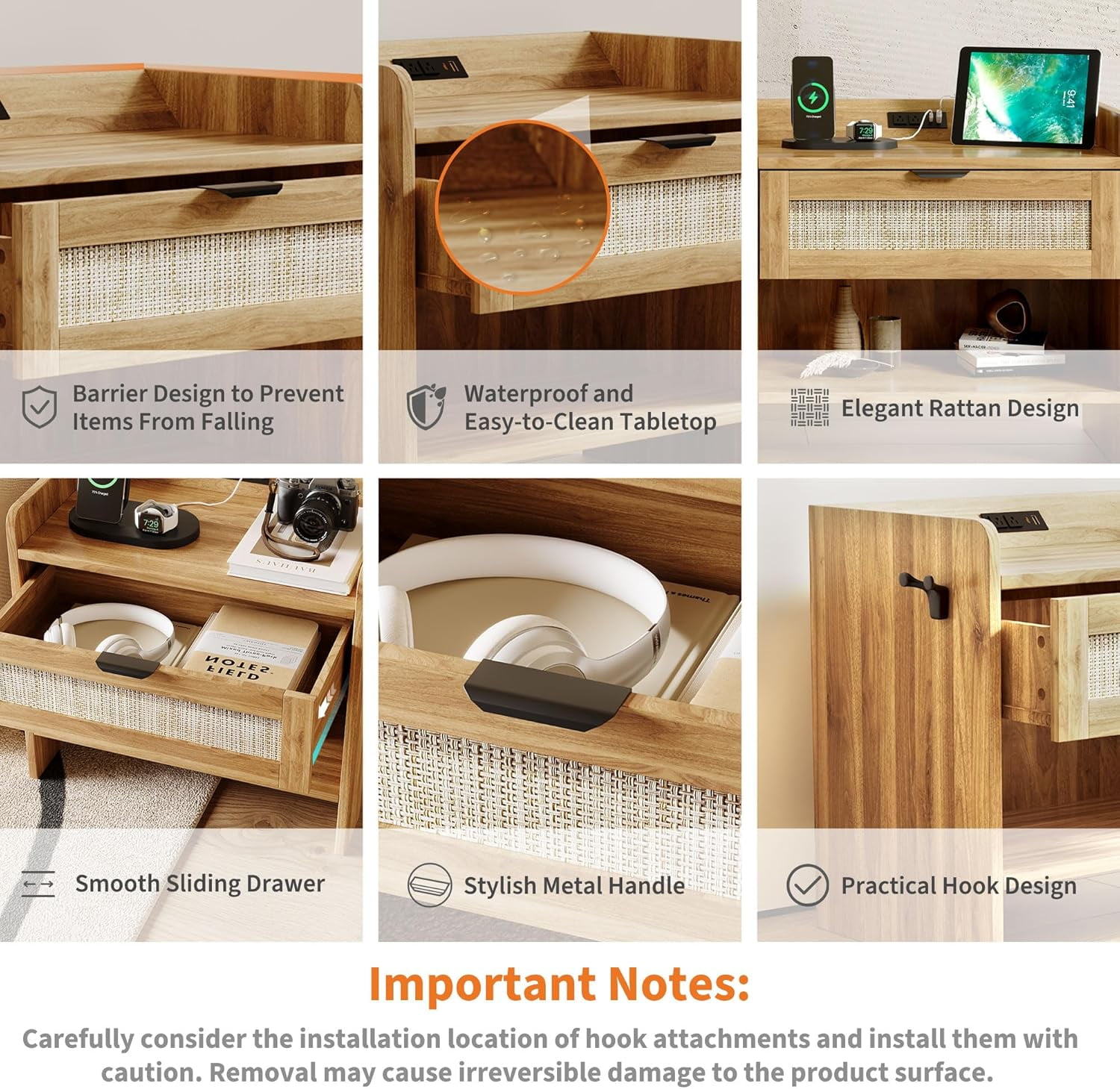 Historyli 2PC Bedside Table,Rattan Nightstand, Boho Night Stand with Type-C Charging Station,1 Storage Drawer,and Open Storage Space,End Table,Side Tables,Suitable for Bedroom,Living Room,Walnut