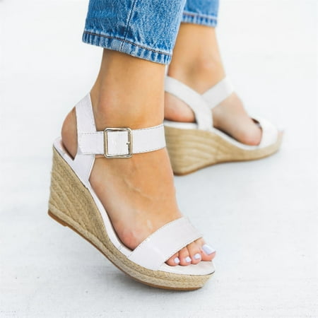 

〖Yilirongyumm〗 White 41 Sandals Women Buckle Fashion Summer Espadrille Pattern Heel Wedge Spring Animal Sandals Women And Women s Sandals